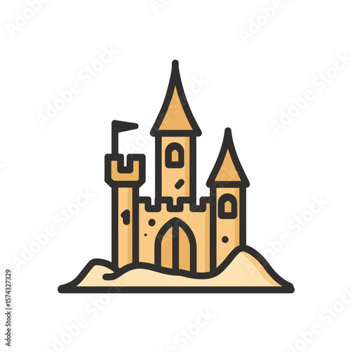 Iconic castle stands isolated on sand white background single