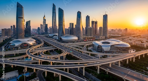 Modern cityscape with complex highway interchange and futuristic buildings at sunset