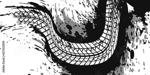 Tire tread marks, wheel textures, tire marks - car racing, motocross, drift, rally, off-road and others. Vector black isolated texture in grunge style with splashes.eps10
