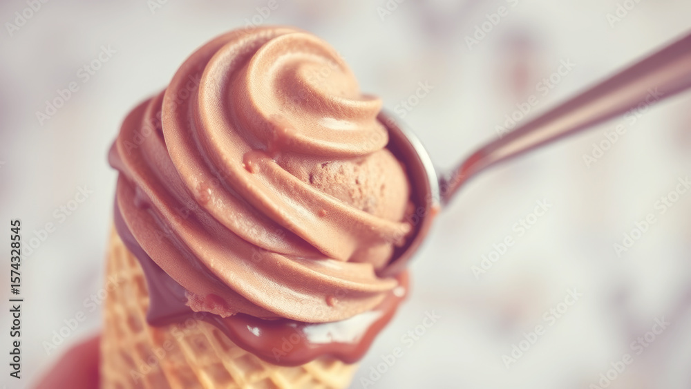 Fototapeta premium Swirling chocolate soft serve ice cream cone with spoon held above at a sunny outdoor setting