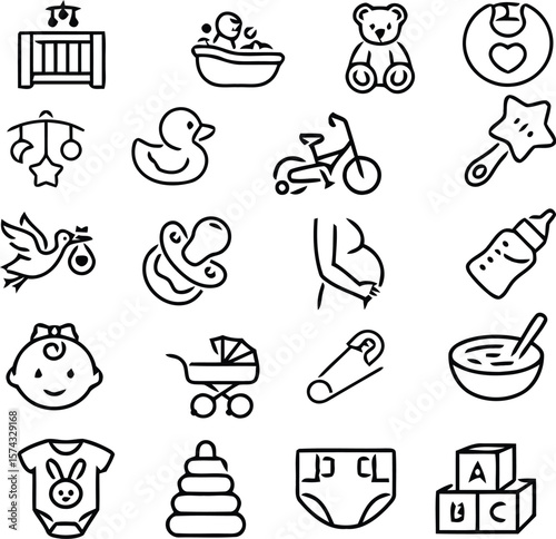 Babyhood Essentials  Monochrome Line Icons Representing Infant Care, Toys, Clothing, and Milestones for Parenting and Nursery Themes