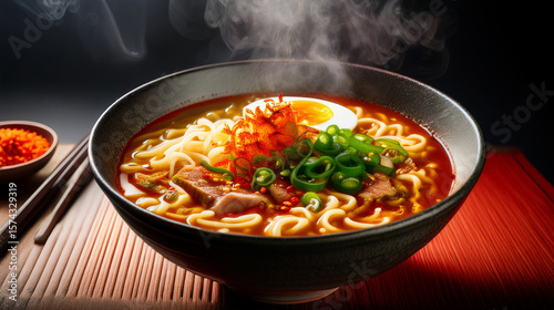 Fiery Close-up: Spicy Miso Ramen with Vibrant Red Broth and Chili Flakes



