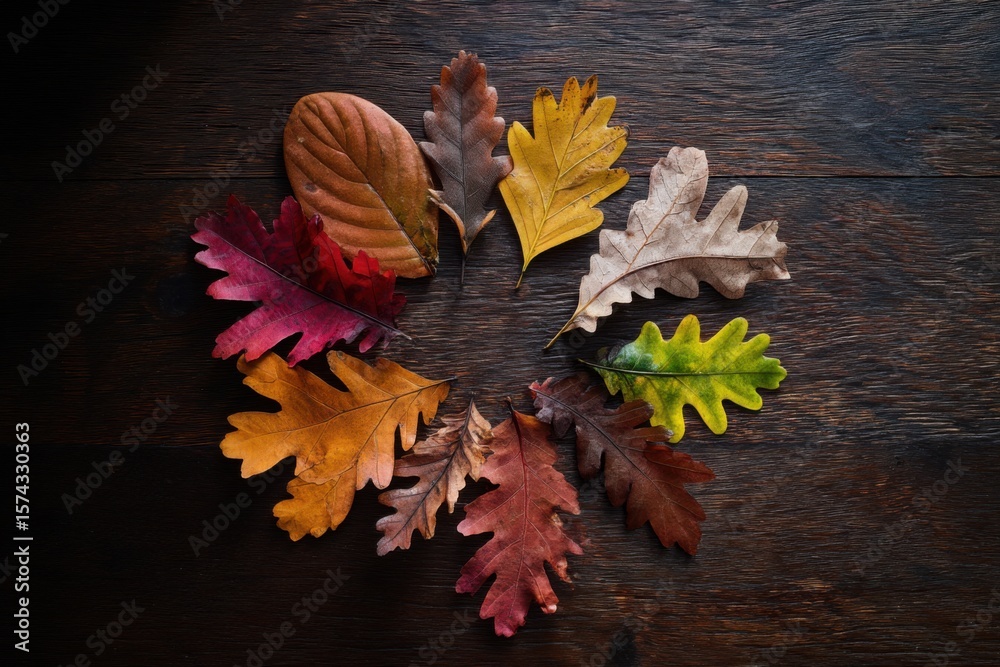 Obraz premium Colorful autumn leaves in a circular arrangement on rustic wood create a vibrant seasonal flatlay rich in texture, foliage detail, and natural harmony.