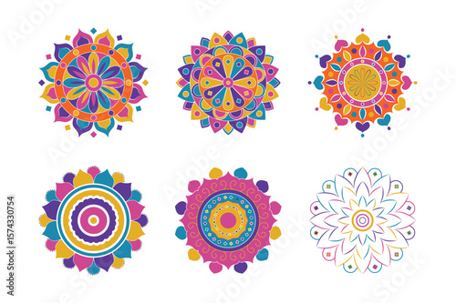 Set of traditional Rangoli pattern. Vector illustration of mandala with geometric shapes and floral designs