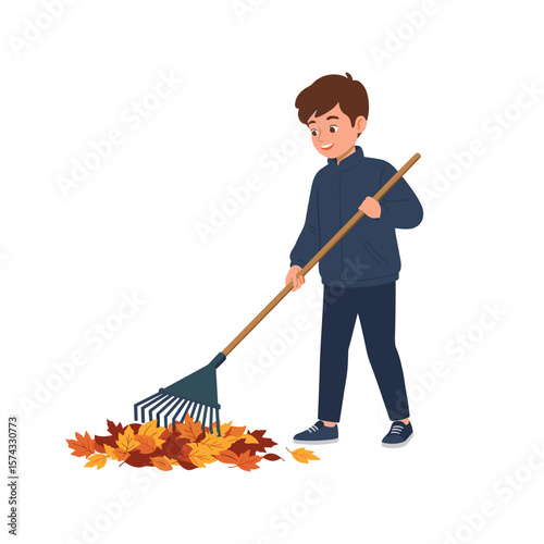 Young boy raking colorful autumn leaves in a cheerful manner, white background, isolated, vector    