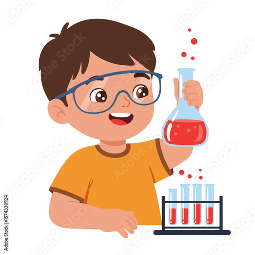 Young boy conducting science experiment with beaker and test tubes, white background, isolated, vector  