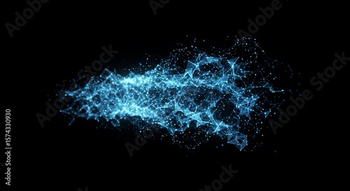 Abstract Blue Energy Burst Glowing Particle Stream on Black Background. (AI Generated)