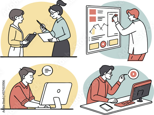An illustrated scene highlighting teamwork, data analysis, digital collaboration, and creative content creation in a modern work environment.