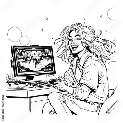 Gamer in Action  Stylized Icon of a Focused Player Using a Controller at a Desktop Setup with Fighting Game Display and Fun Decor Elements