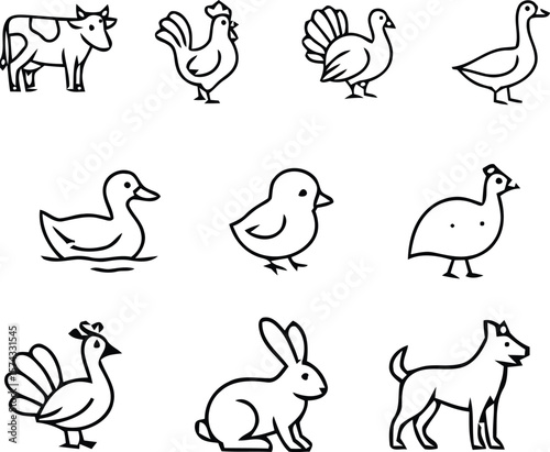 Farmyard Companions Line Art Icons of Domestic and Barnyard Animals Depicted in a Minimalist Grid for Agrarian and Educational Use