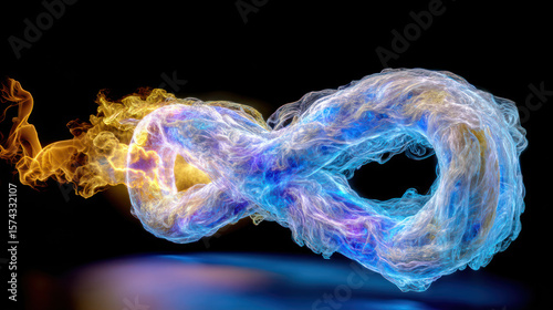 Swirling colorful smoke creates a striking infinity symbol on a dark backdrop, showcasing the beauty of movement and color.