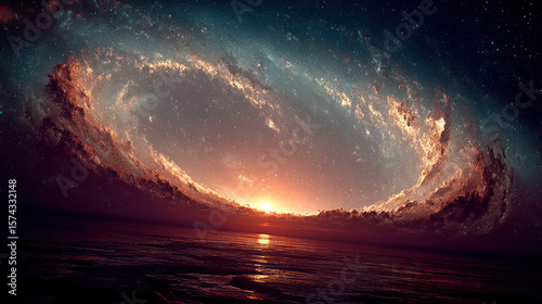 A stunning sunset illuminates the horizon, casting vibrant colors above the tranquil ocean waves, surrounded by a star-filled sky.