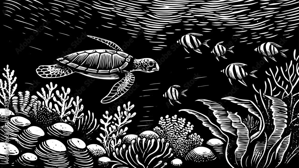 Naklejka premium calm tropical sea with coral reefs, clownfish, sea turtle, and underwater plants represented in detailed black and white line art illustration perfect for marine biology and nature content