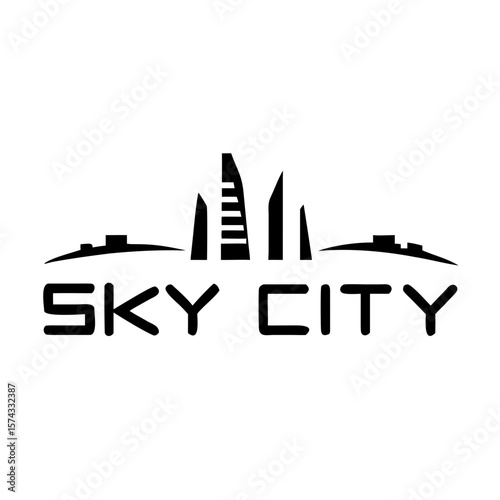 Simple sleek silhouette design depicting a futuristic sky city or floating elements