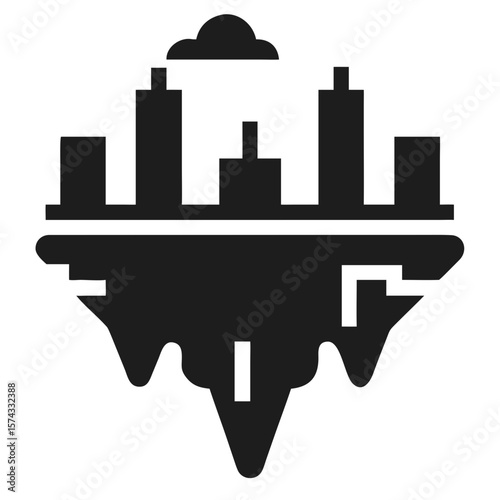 Stylized black silhouette of a futuristic sky city with simple design and clean aesthetics