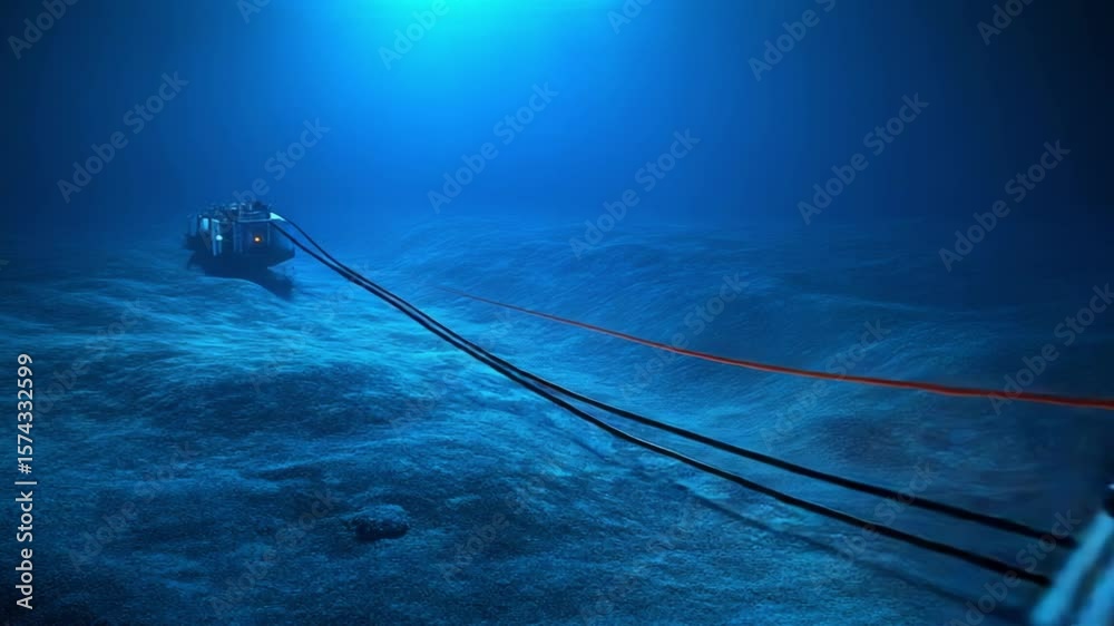 A yellow and dark-blue remotely operated underwater vehicle (ROV) is tethered to a smaller submersible, traversing a dark blue seabed.  The ROV emits a red light