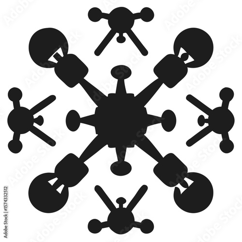 A stylish silhouette depicting a futuristic swarm of tiny ai drones or remote control devices