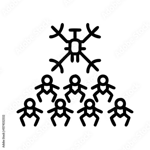 A futuristic vector icon depicting a simple silhouette of a swarm of tiny drones