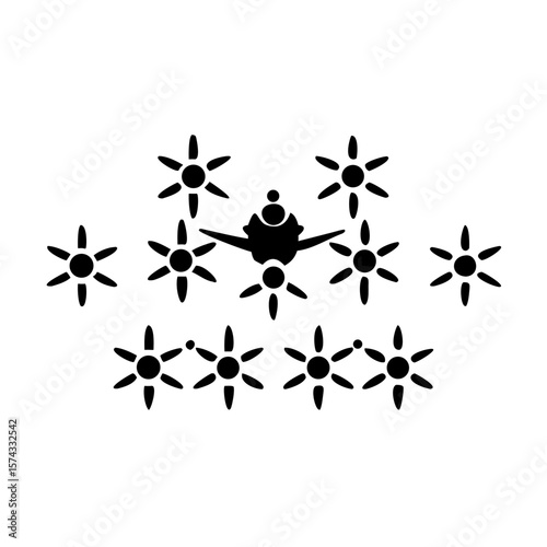 Simple black silhouette design of a swarm of tiny drones for futuristic concepts
