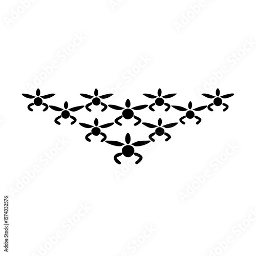 Stylized black silhouette of a swarm of tiny drones design on a white background