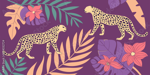 Stylish modern , Seamless Pattern with leopards Tropical Leaves, and Flowers wallpapers silhouette in purple background vector illustration.