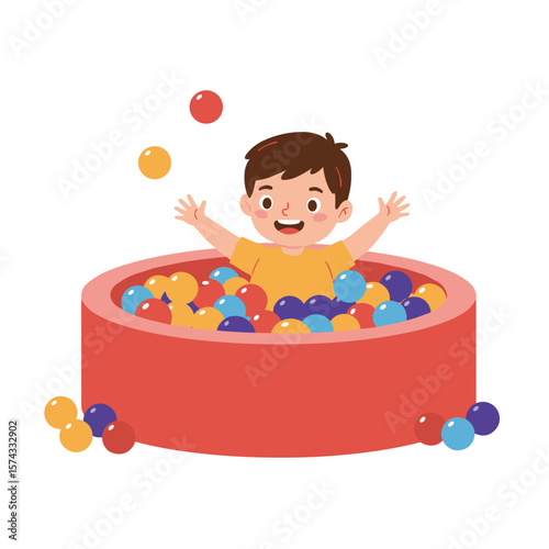Happy child playing in a colorful ball pit with raised arms, white background, isolated, vector   