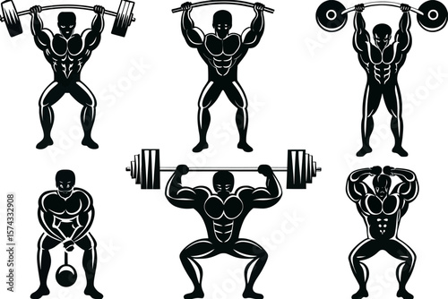 Muscular bodybuilders performing various weightlifting exercises with barbells and dumbbells