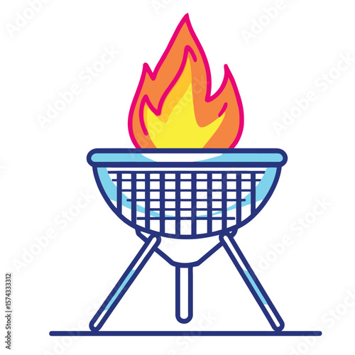 Blazing Backyard Grill  Stylized Barbecue Icon Featuring Fiery Flames in a Mesh-Lidded Round Cooker on Sturdy Tripod Legs
