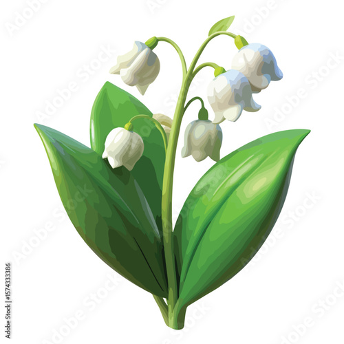 A clean and elegant 3D vector of lily of the valley flowers with white bell-shaped blooms and green leaves, ideal for botanical and spring-themed projects.