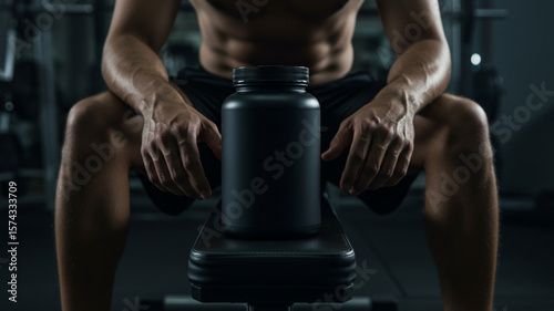 Focused Fitness Muscular Man and Supplement in Gym.