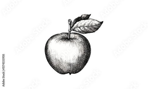 Hand-drawn apple sketch, vintage engraving in antique style, black ink botanical illustration, retro food art, trendy tropical decor, rustic kitchen fruit print, botanical apple decor