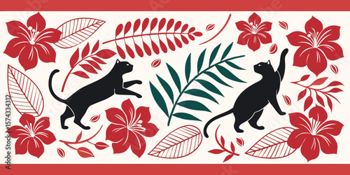Stylish modern , Seamless Pattern with cats Tropical Leaves, and Flowers wallpapers silhouette in red white background vector illustration.