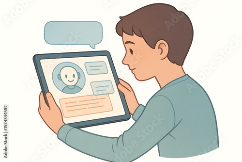 Young Man Chatting with AI Chatbot on Tablet Digital Communication