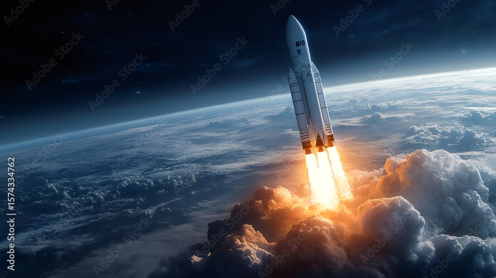 Naklejka premium Rocket launching from earth and reaching the stars