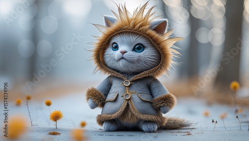 Adorable Blue-Eyed Cat in Furry Hooded Coat Standing in Whimsical Forest with Yellow Flowers