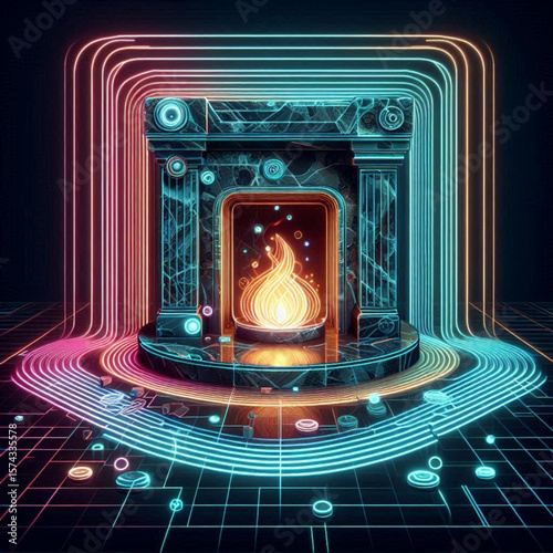 fireplace with marble,  Futuristic digital fireplace with neon flames and geometric patterns