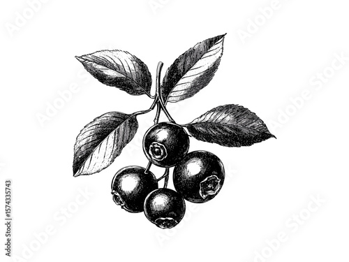 Vintage bilberry sketch, hand-drawn ink berry illustration, old-style botanical engraving, rustic fruit decor, antique nature art, forest berry design, black linework style