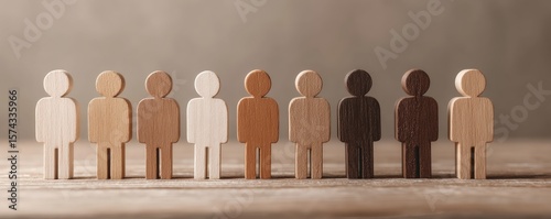 Wooden figurines representing diverse skin tones arranged in a row on a wooden surface against a neutral background.