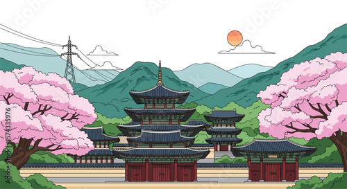 Pixel Art Representation of Historic Korean Palace Architecture Amidst Cherry Blossoms and Mountains