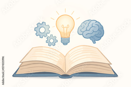 Open Book with Lightbulb Brain and Gears Knowledge Concept