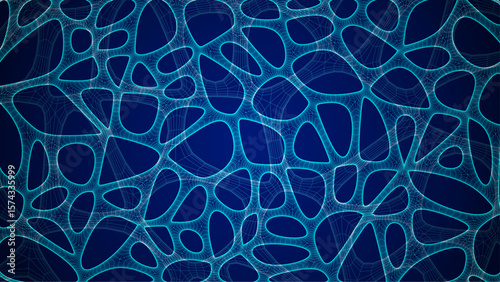 Blue Organic Cell Pattern With Neural Texture. Abstract Voronoi Network. Ai Bg With Neuron And Synapse Geometry. Cyber Grid And Mesh. Techno Background With Dynamic Lines And Curve. Biology Structure
