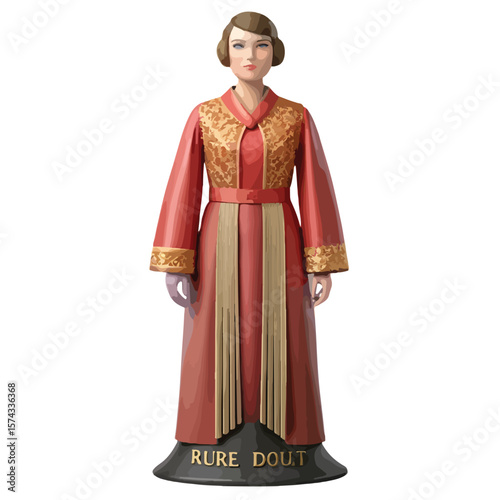 A 3D vector of a woman dressed in a royal-style reddish-brown gown with gold accents, perfect for fantasy, storytelling, or historical fashion.