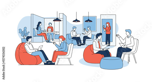 Modern Office Collaboration Space with Diverse People Enjoying Relaxed Work Environments
