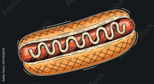 Deliciously grilled beef hot dog nestled in a toasted bun with a generous drizzle of creamy white mustard sauce perfect for a summer picnic