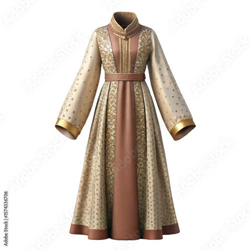  A beautiful 3D vector of a traditional gown with embroidery and golden accents, ideal for fantasy costume design and historical illustration.