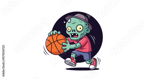 An Undead Athlete Dribbling a Basketball with Intense Focus and Determination on the Court