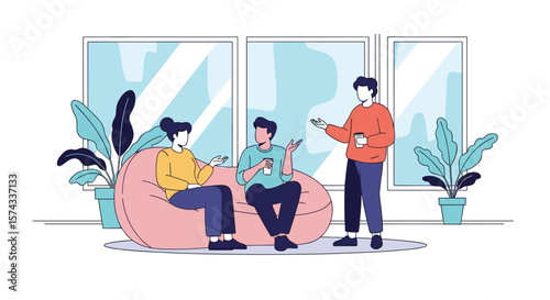 Young people gathered together enjoying a casual and relaxed social gathering indoors with modern decor and green plants creating a vibrant atmosphere