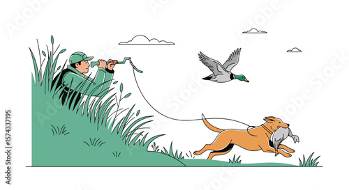 Skilled hunter and loyal dog actively participate in successful waterfowl hunting expedition during pleasant weather