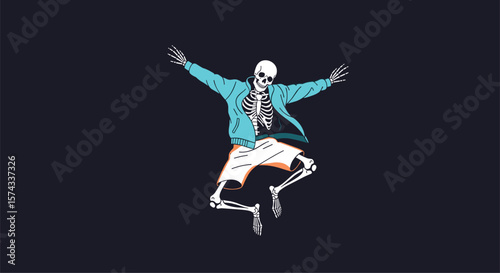 Energetic skeleton dancing with arms outstretched in a joyful leap against a dark background