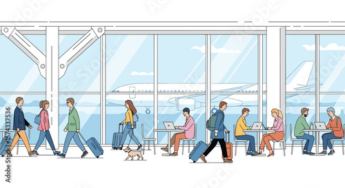 People Moving Through An Airport Terminal With Large Windows Showing Airplanes Outside On A Sunny Day